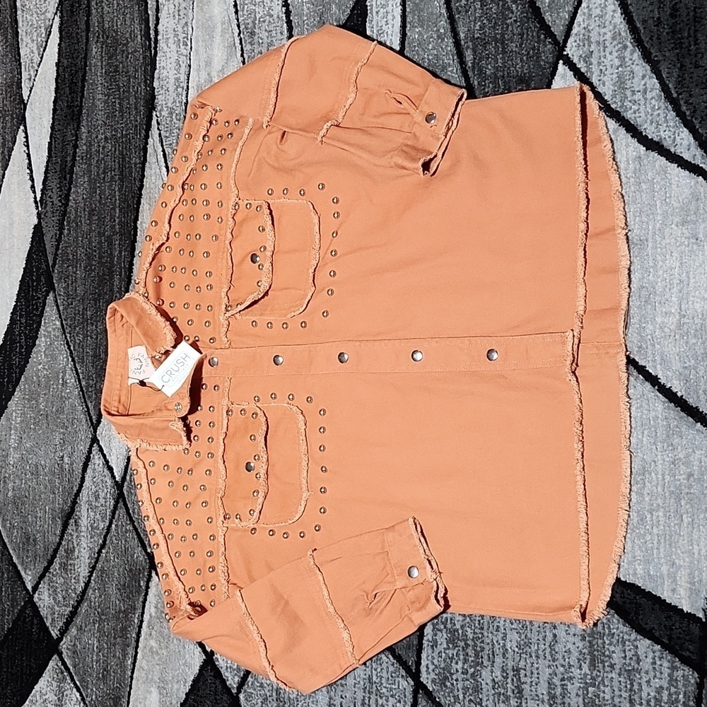 DUSTY PEACH STUDDED RAW-EDGE SNAP-BUTTON OVERSIZED FIT SHACKET JACKET